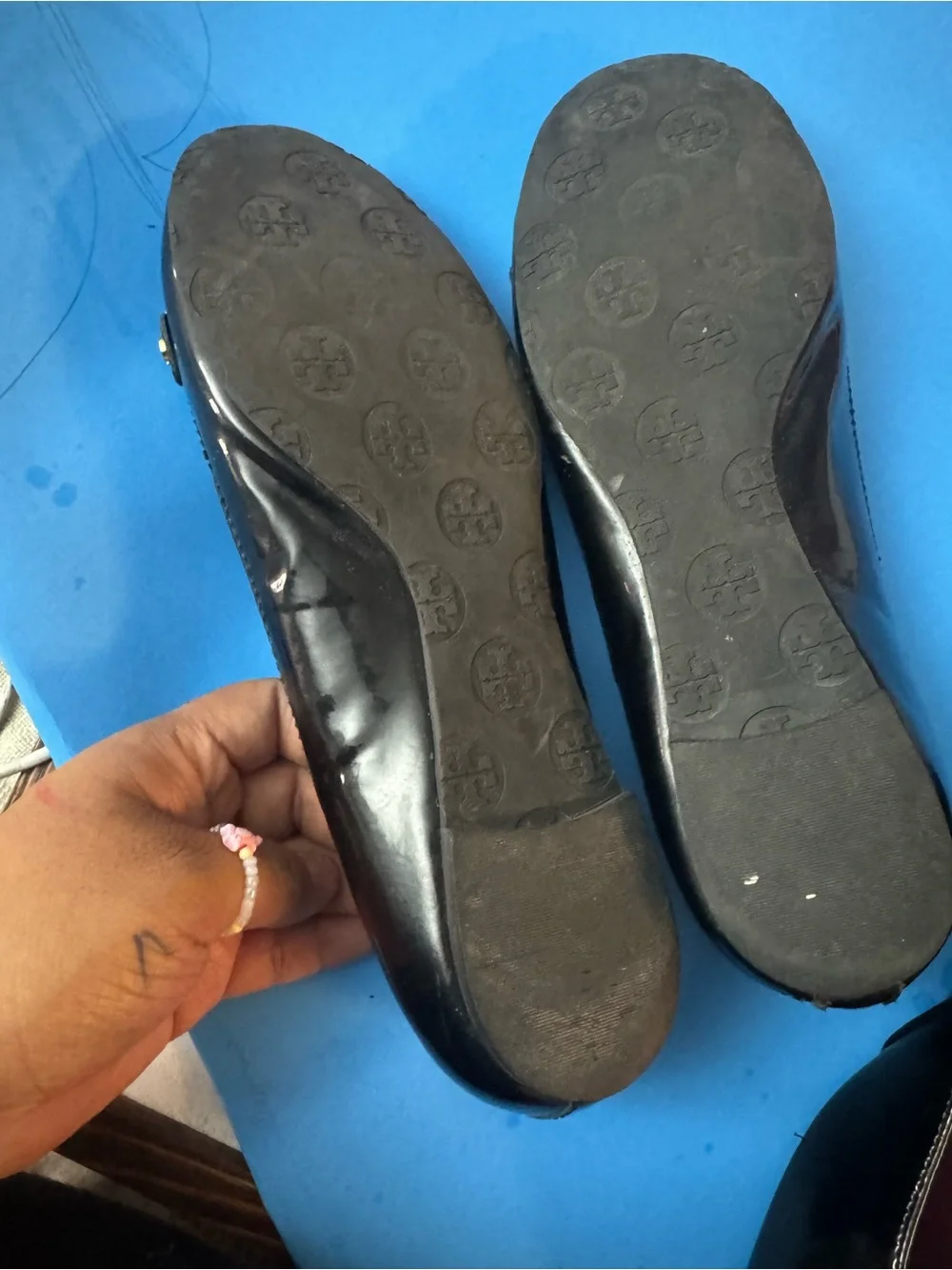Tory Burch Black Leather Ballet Flats with Leopard Trim and Gold Logo